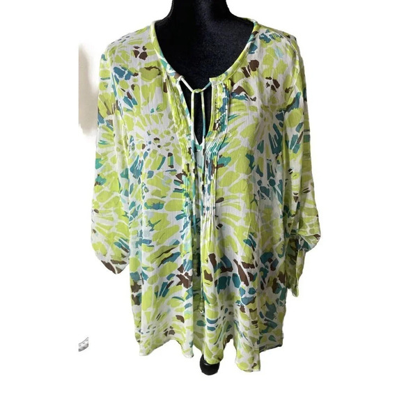 Susan Graver Women’s Large Sheer Tunic Green Brown Geometric V Neck TINY‎ FLAW - Picture 1 of 10